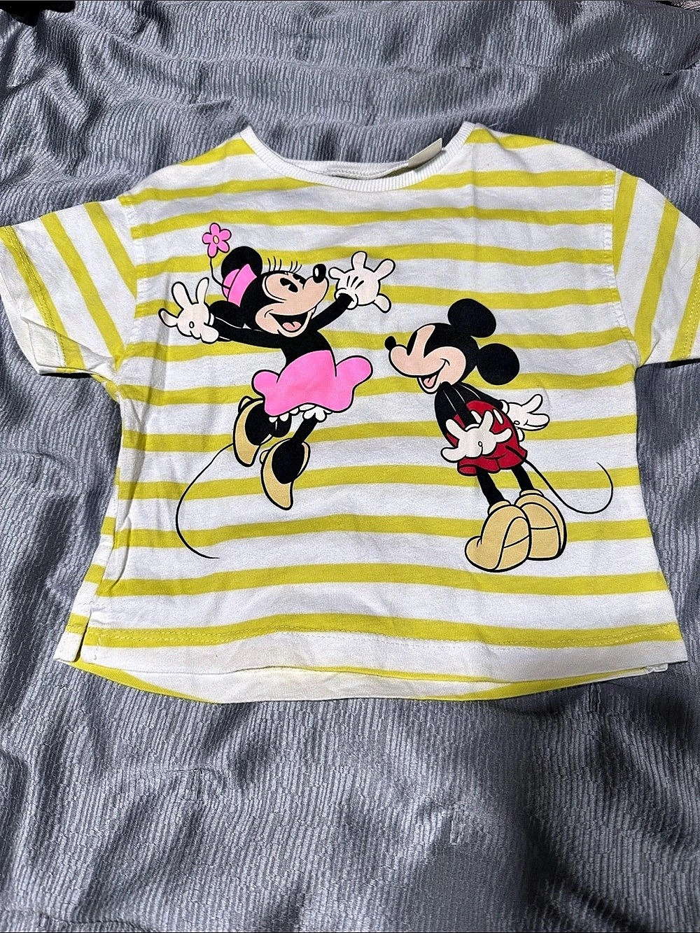 Zara Disney Mickey and Minnie Mouse Striped T-Shirt Tee Yellow & White 2-3Y